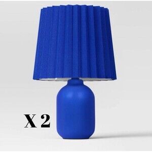 Set of 2 Mini Blue Ceramic Table Lamps w/ Pleated Shades – Room Essentials NEW